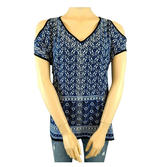 ESPRESSO Top  Womens MP  Embellished Blue Floral Jersey Knit Cold Shoulder Shirt - Picture 1 of 6